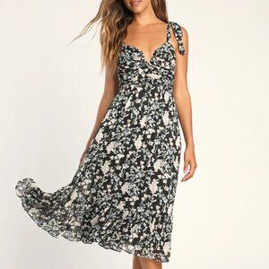 Lulus Lush Loveliness Black Floral Lurex Tie-Strap Midi Dress